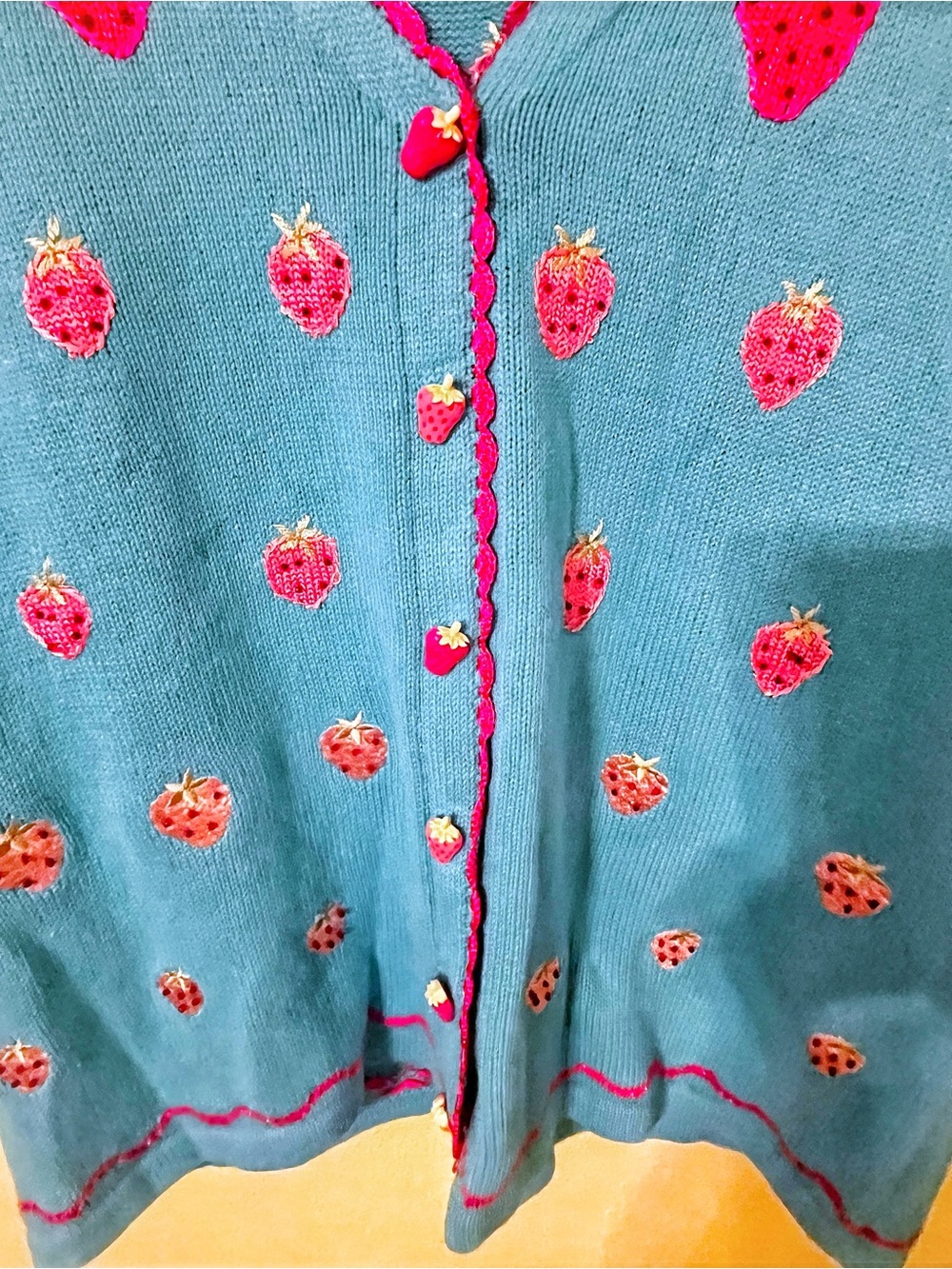 Storybook Knits NWT VINTAGE STRAWBERRY Cardigan Blue Crochet Trim Sweater - Picture 8 of 13